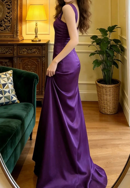 Elegant Prom Dress Purple Asymmetrical Neck Satin Formal Gala Gown Evening Dress Graduation Outfits HZ0319