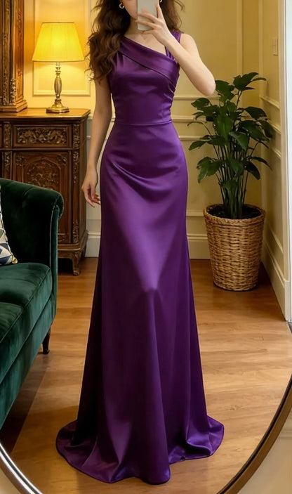 Elegant Prom Dress Purple Asymmetrical Neck Satin Formal Gala Gown Evening Dress Graduation Outfits HZ0319