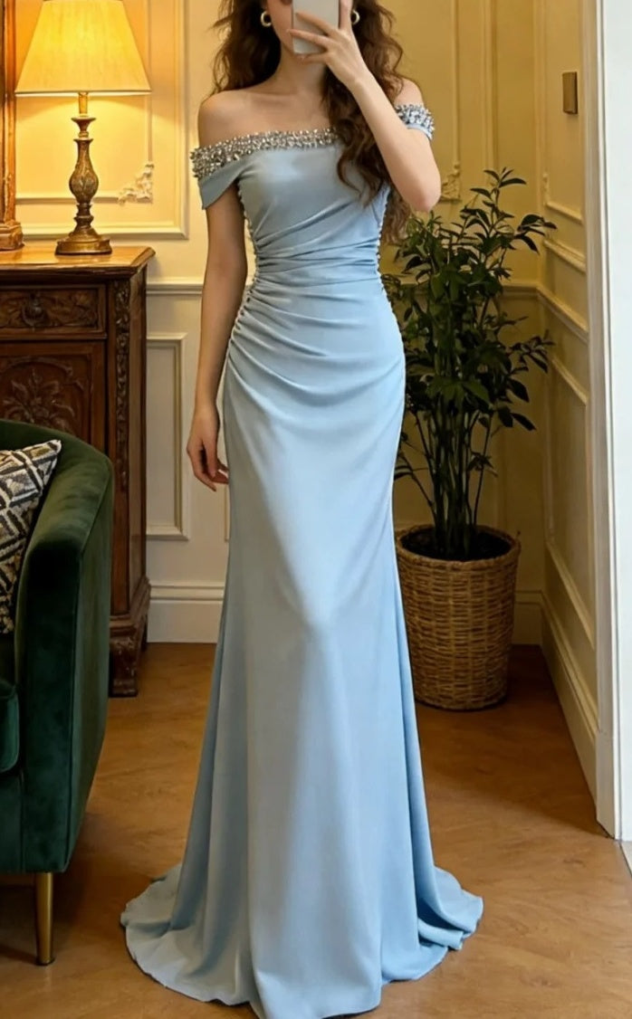 Elegant Prom Dress Light Blue Off Shoulder Pleated Gala Gown Formal Evening Dress Graduation Outfits HZ0319