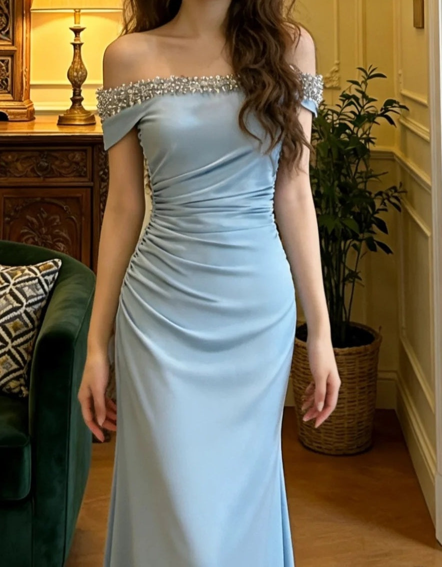 Elegant Prom Dress Light Blue Off Shoulder Pleated Gala Gown Formal Evening Dress Graduation Outfits HZ0319