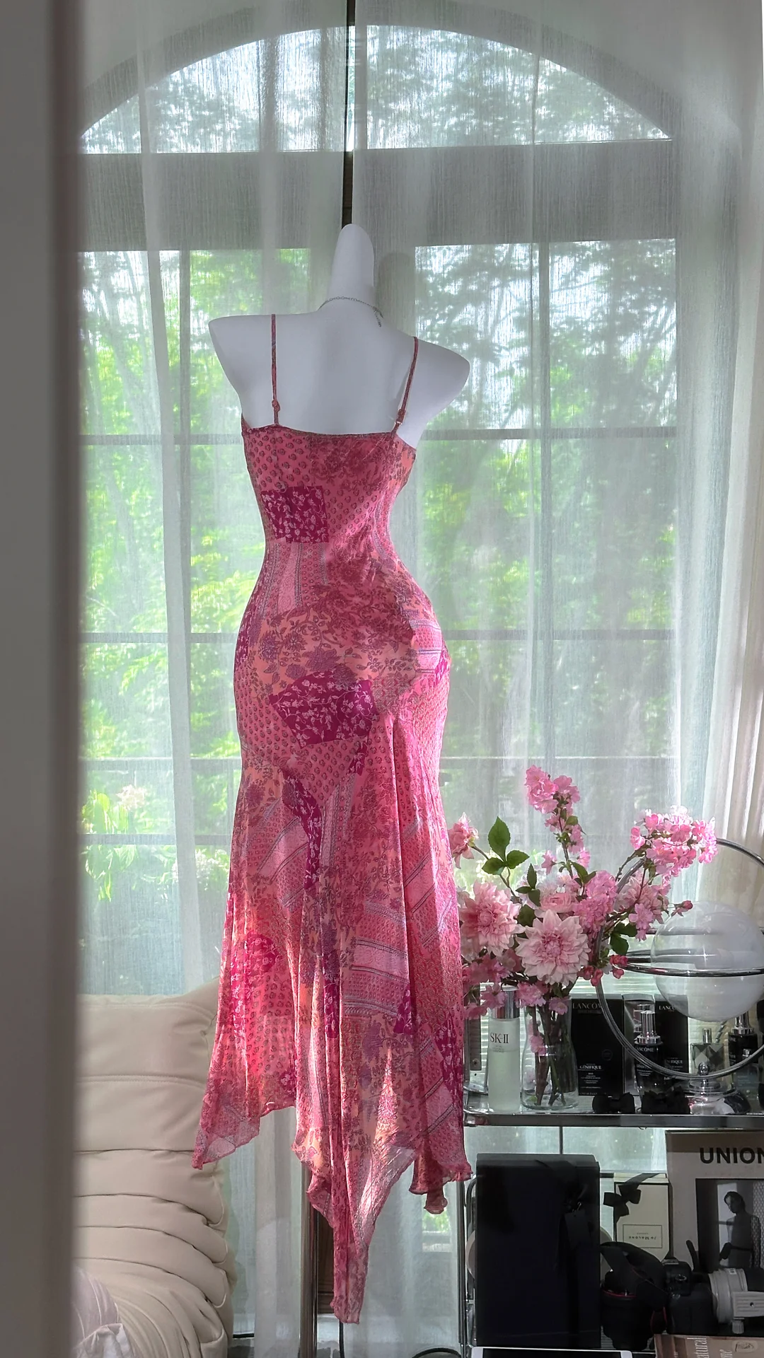 Retro Pink V-neck Floral Elegant Chiffon Evening Dress Prom Dresses HZ1024
