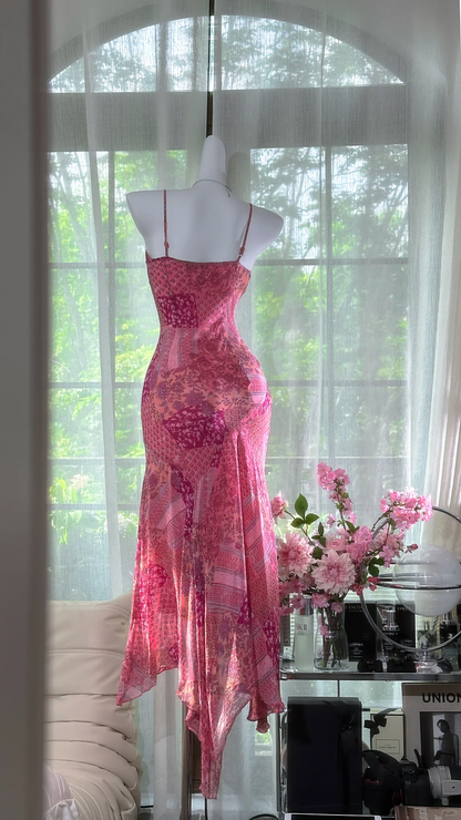 Retro Pink V-neck Floral Elegant Chiffon Evening Dress Prom Dresses HZ1024