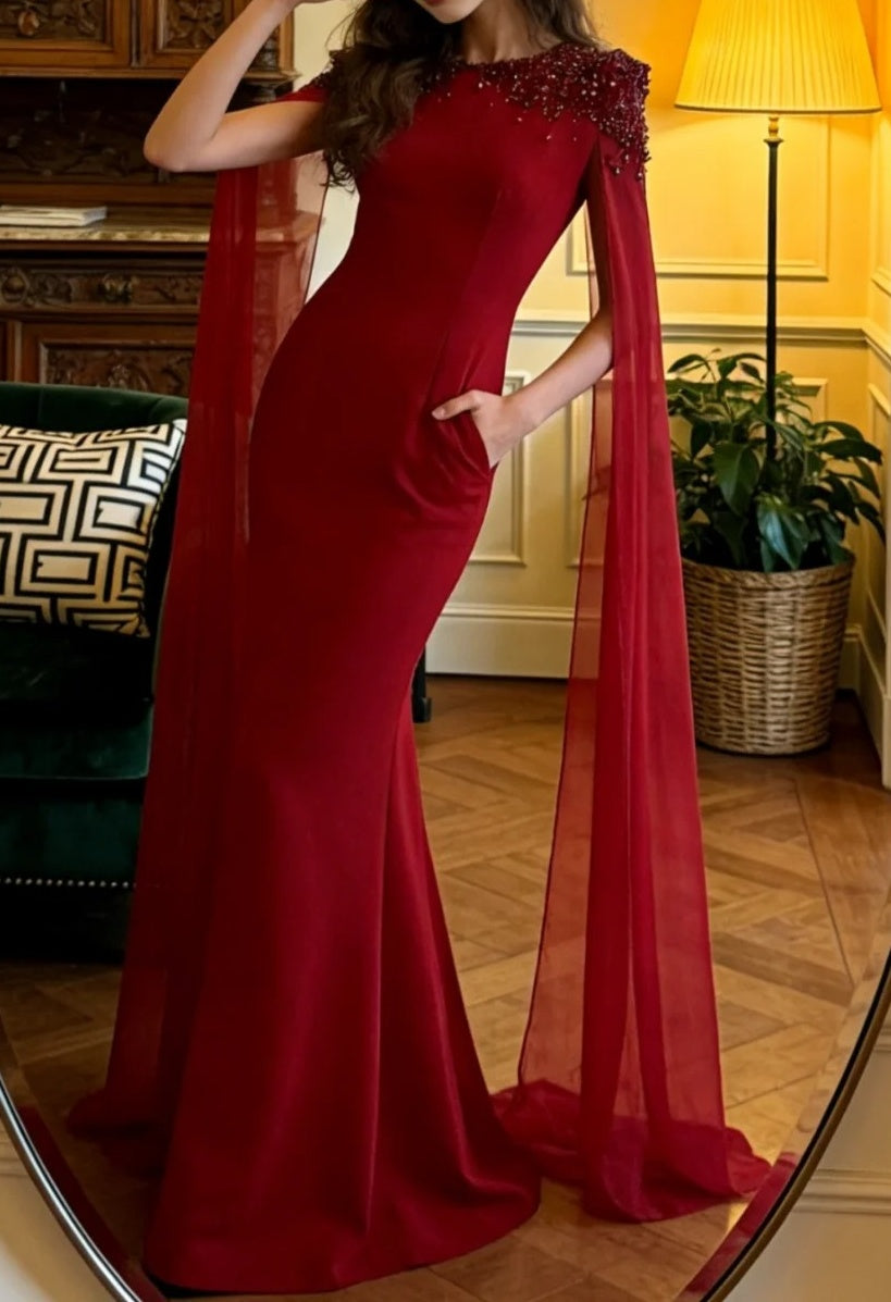 Charming Prom Dress Red Crew Neck Mermaid Gala Gown Evening Dress Formal Outfits HZ0319
