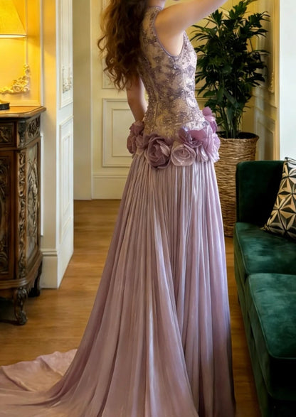 Charming Prom Dress Light Purple Crew Neck Pleated Gala Gown Formal Outfits Evening Dress Graduation Dress HZ0319