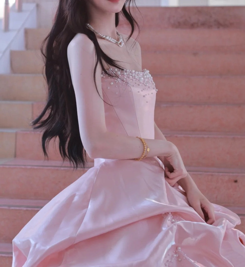 Pretty Ball Gown Light Pink Strapless Beading Pleated Evening Dress Quinceanera Dress 18th Birthday Prom Gown HZ0319