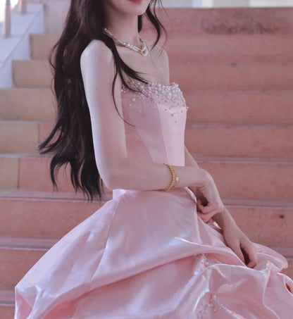 Pretty Ball Gown Light Pink Strapless Beading Pleated Evening Dress Quinceanera Dress 18th Birthday Prom Gown HZ0319