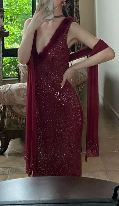 90s Shiny Prom Dress Wine Red V-neck Gala Gown Evening Dress Birthday Party Outfits HZ0319