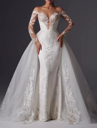 Engagement Formal Wedding Dresses Mermaid Off Shoulder Long Sleeve Court Train Satin Bridal Gowns With Appliques Solid Color 2025