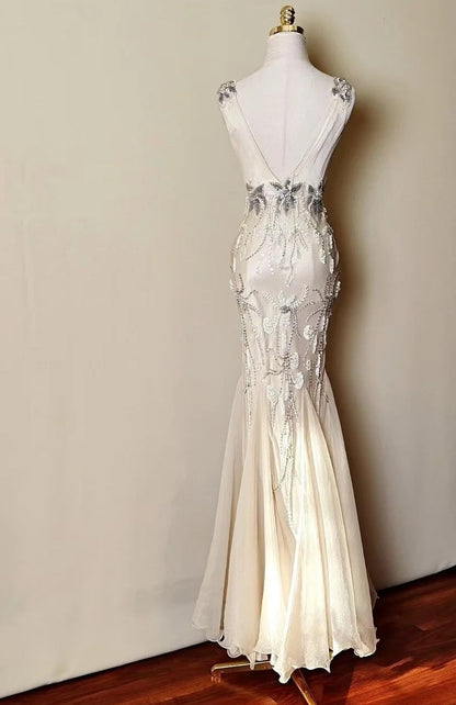 Elegant Prom Dress V-neck Beading Mermaid Gala Gown Evening Dress Birthday Party Outfits HZ0319