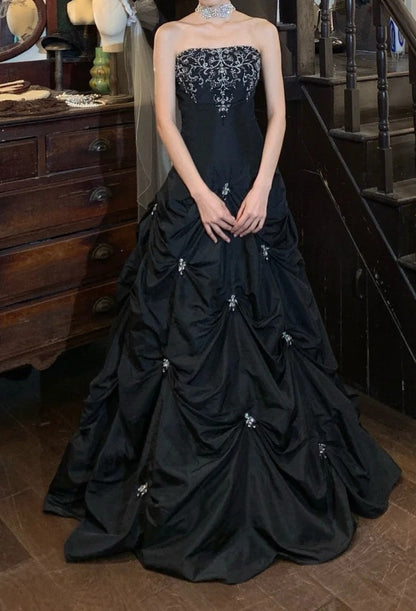 Chic Prom Dress Black Strapless Pleated Gala Gown Evening Dress Graduation Dress HZ0319