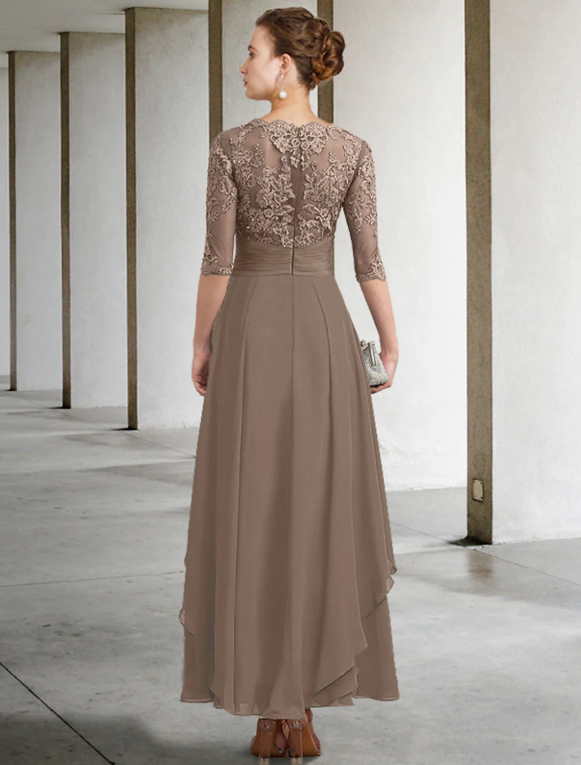 A-Line Mother of the Bride Dress Wedding Guest Elegant Plus Size Jewel Neck Ankle Length Chiffon Lace Half Sleeve