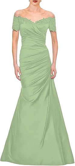 Mermaid Bride Mom Dress Wedding Guests Elegant Retro Off Shoulder V-neck Satin Lace Ruffles 2025