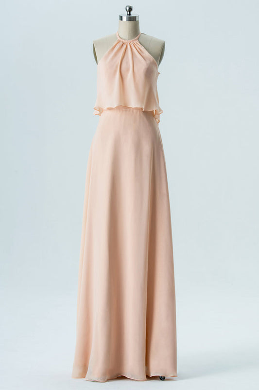 Light Orange Chiffon Halter Ruffled Bridesmaid Dress