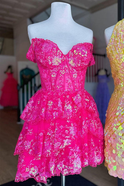 Black Sequin-Embroidery Sweetheart A-Line Tiered Homecoming Dress