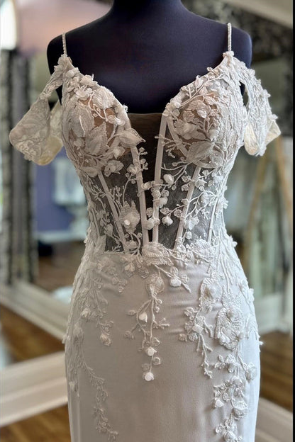 Ivory Off-the-Shoulder Appliques Straps Sweeping Long Wedding Dress