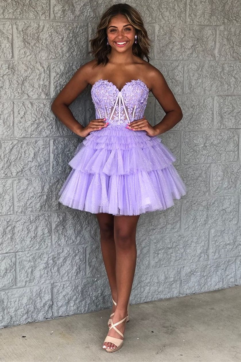 Strapless Tulle Sweetheart Tiered A-Line Short Homecoming Dress with Ruffles