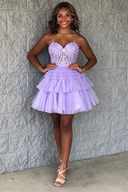 Strapless Tulle Sweetheart Tiered A-Line Short Homecoming Dress with Ruffles