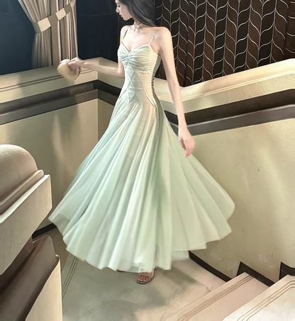 Vintage Sage Green Chiffon Prom Dress A-Line Spaghetti Strap Evening Dress Long Formal Dress HZ1024