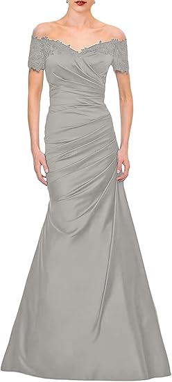Mermaid Bride Mom Dress Wedding Guests Elegant Retro Off Shoulder V-neck Satin Lace Ruffles 2025