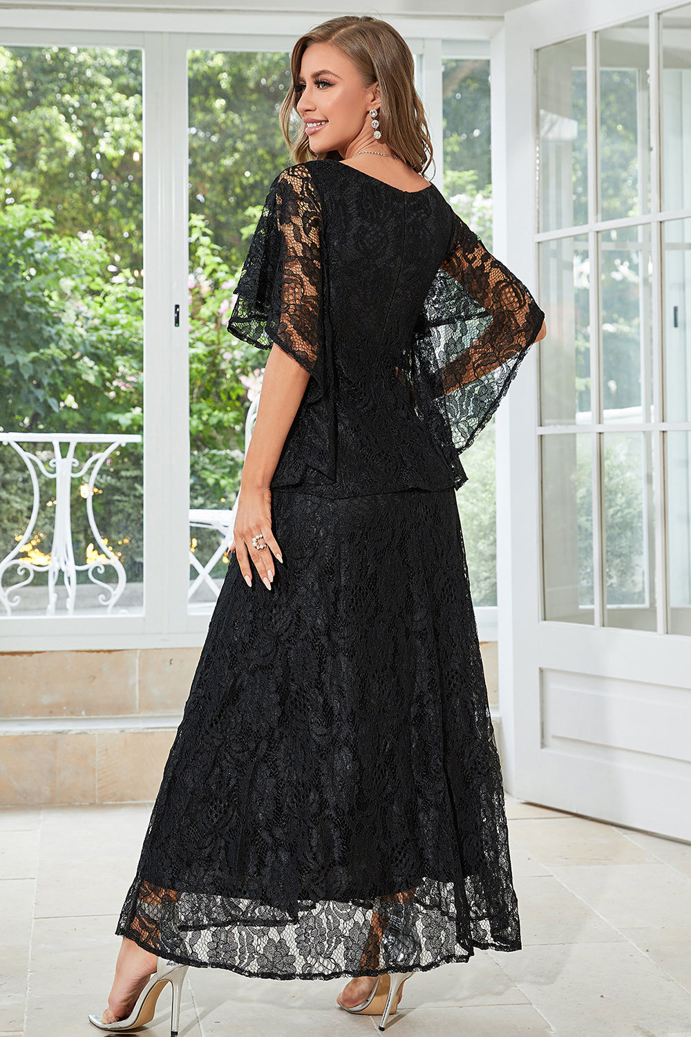 Elegant A Line Round Neck Floor Length Lace Dusty Rose Evening Dress Mother of the Bride Dresses