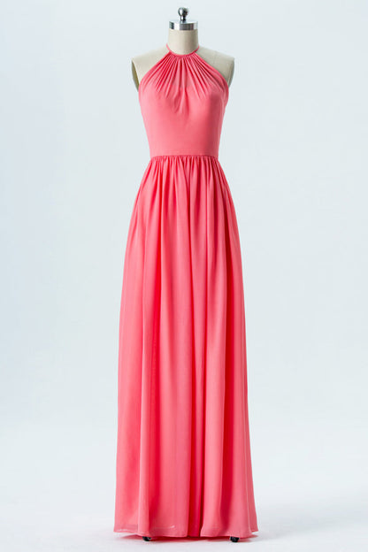 Hot Pink Halter Backless Bridesmaid Dress