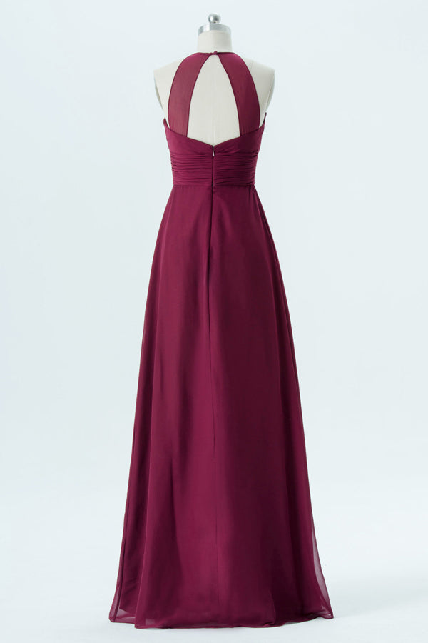 Burgundy Halter Open Back Long Bridesmaid Dress