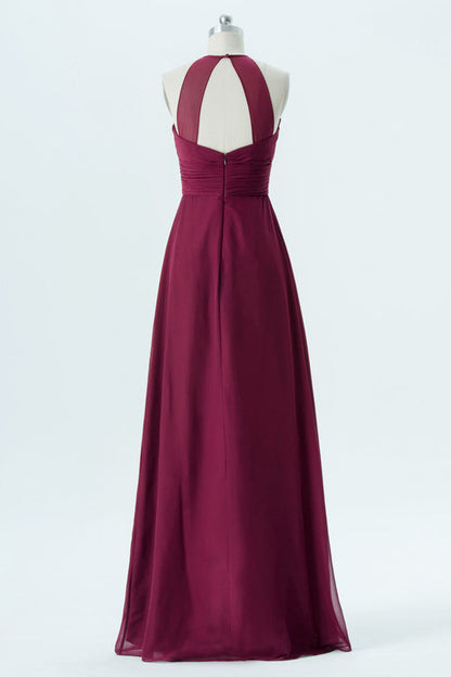 Burgundy Halter Open Back Long Bridesmaid Dress