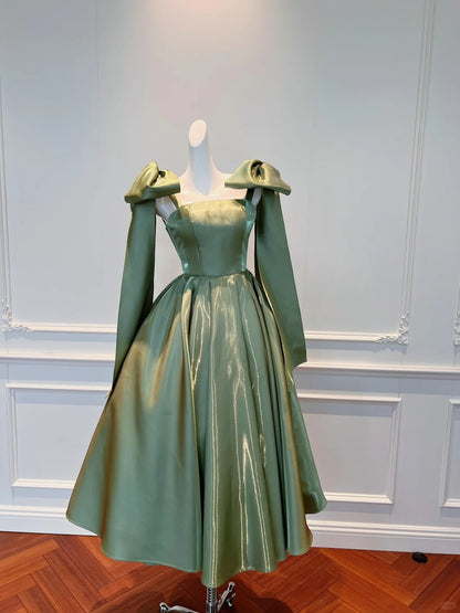 Vintage Olive Green A-line Bow Strap Satin Tea-length Prom Dress Evening Dress cc5280