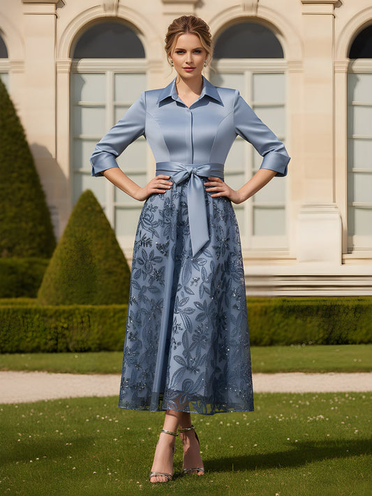 3/4 Sleeves A-Line Lace Sequins Tea-Length Dress Dusty Blue