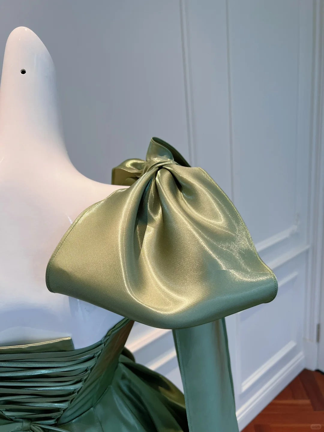 Vintage Olive Green A-line Bow Strap Satin Tea-length Prom Dress Evening Dress cc5280