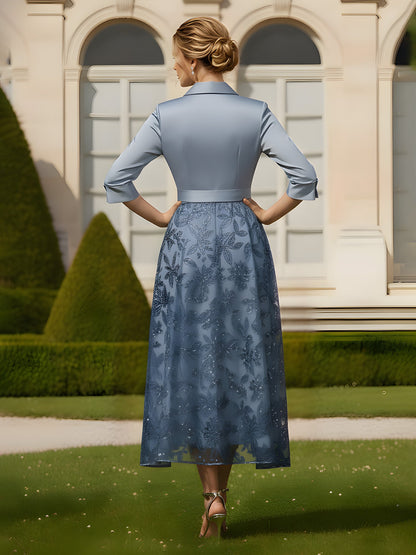 3/4 Sleeves A-Line Lace Sequins Tea-Length Dress Dusty Blue