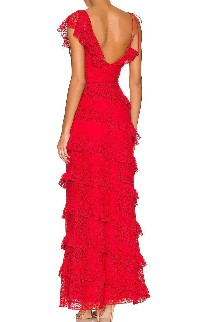 Aimishang Elegant Red Lace Long Prom Dress Tiered Evening Dresses Graduation Gown