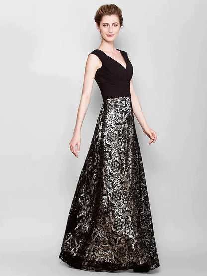 Mother of the Bride Dress Vintage Inspired V Neck Floor Length Lace Georgette Sleeveless with Criss Cross