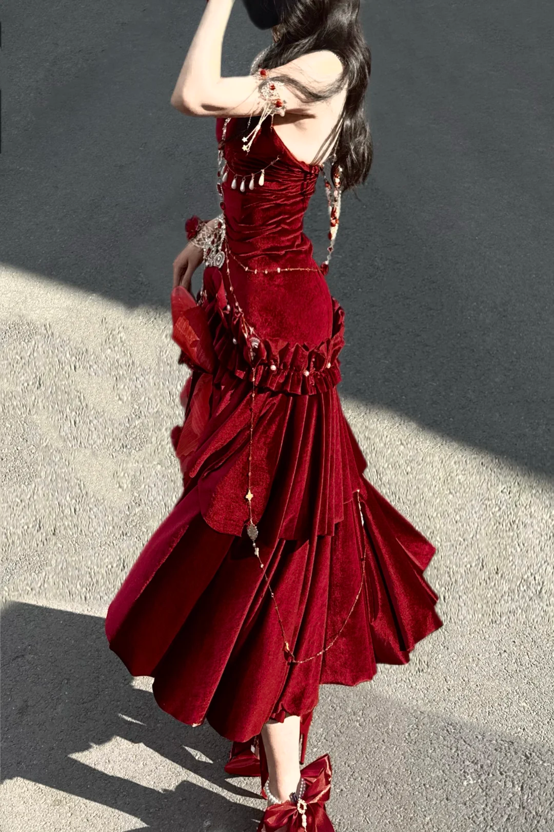 Sexy Wine Red Mermaid Velvet Long Evening Party Dress Birthday Outfits, HZ0319