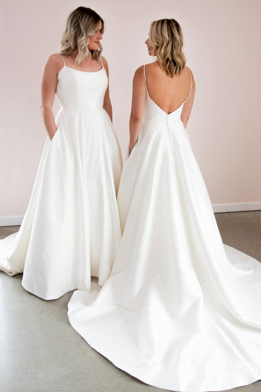 Simple white satin long prom dress white formal dress