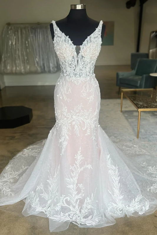 Appliques Plunge V Trumpet Long Bridal Gown