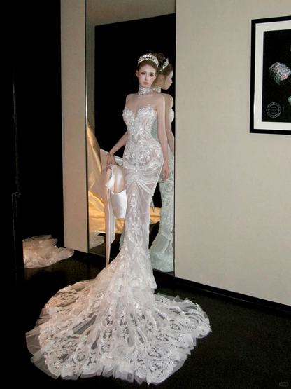 Elegant Glittering Beaded Sequined Applique Sweetheart Design Mermaid Wedding Dress Prom Dress Evening Dress HZ1024