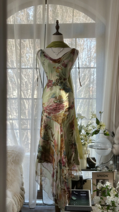 Elegant Green Fairy Gorgeous Floral Long Chiffon Spaghetti Strap Romantic Ball Gown Evening Dress Prom Dresses HZ1024