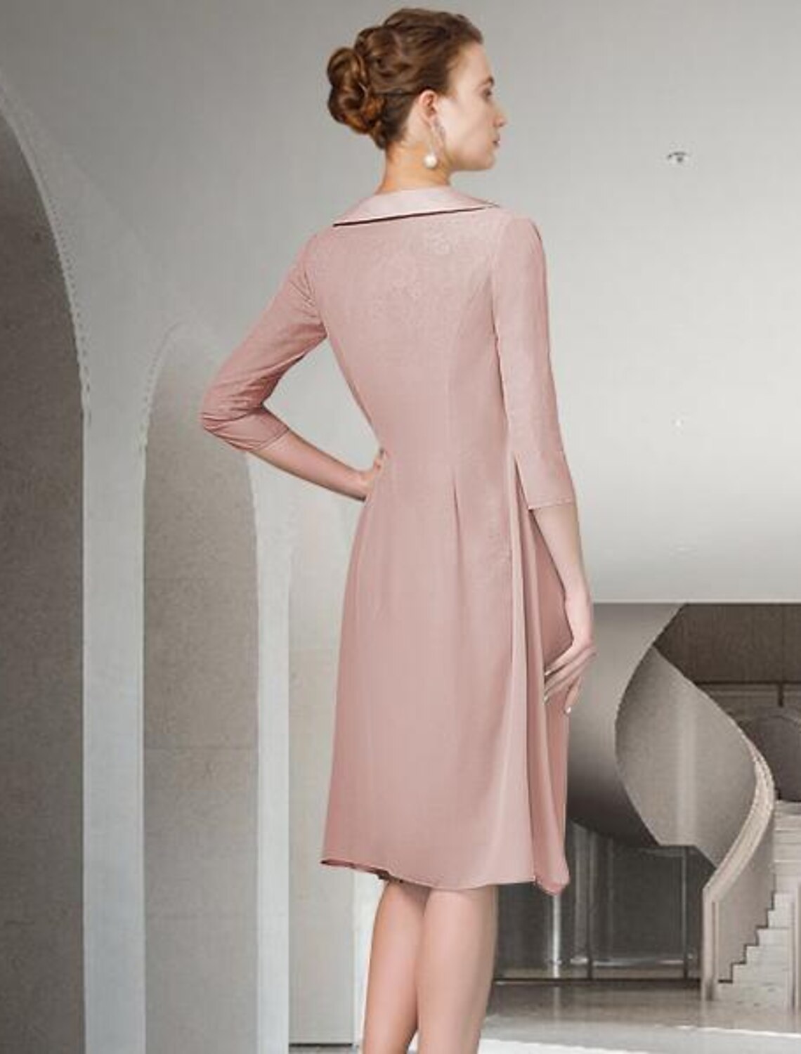 Two Piece Sheath / Column Mother of the Bride Dress Fall Wedding Guest Church Plus Size Elegant Jewel Neck Knee Length Chiffon Lace Half Sleeve Wrap Included Jacket Dresses