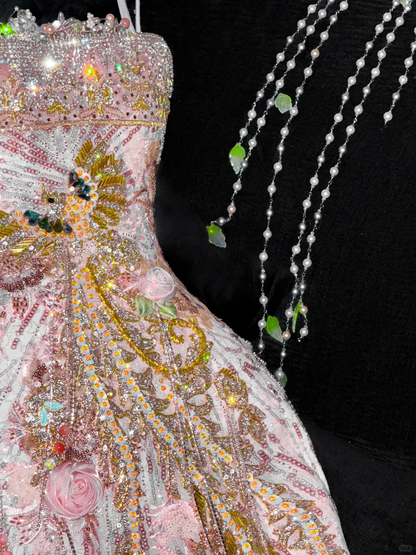 Gorgeous Sparkling Pink Beaded Applique Mermaid Design Exquisite Embroidery Evening Dress Prom Dresses HZ1024