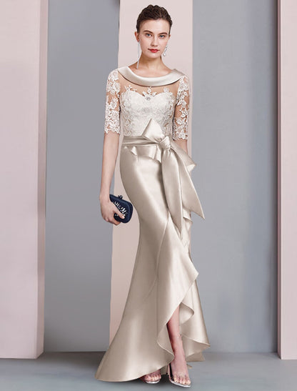 Mermaid / Trumpet Mother of the Bride Dress Formal Wedding Guest Elegant High Low Scoop Neck Sweep / Brush Train Asymmetrical Satin Lace Half Sleeve with Bow(s)