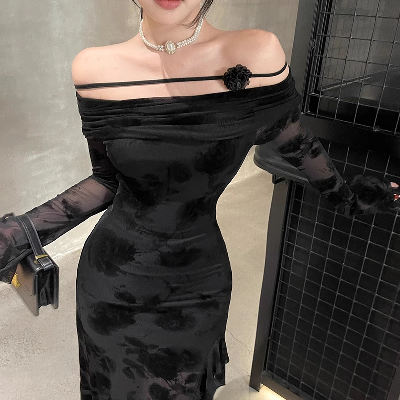 Elegant Black Party Slim-fit Split Dress One-shoulder Long-sleeved Dress HZ1024