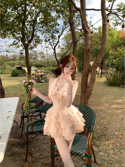Vintage Pink A-Line Halter-neck Tiered Homecoming Dress Party Dress Cocktail Dress HZ1024