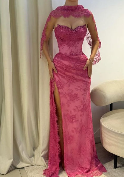 Vintage Fuchsia Sheath Lace Evening Gown High Slit Party Dress Long Formal Dress HZ1024