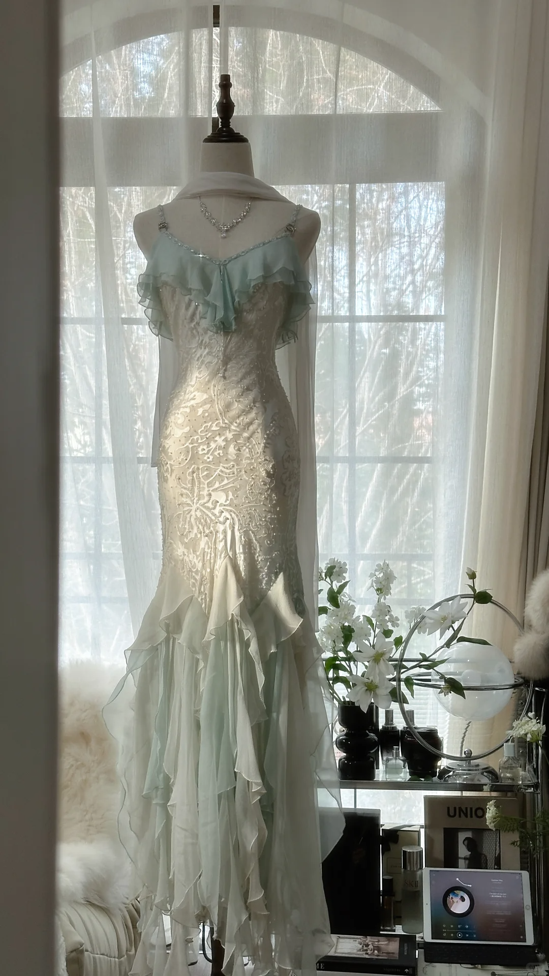 Elegant Mermaid Sparkling Beaded Spaghetti Strap Romantic Chiffon Evening Dress Prom Dresses HZ1024