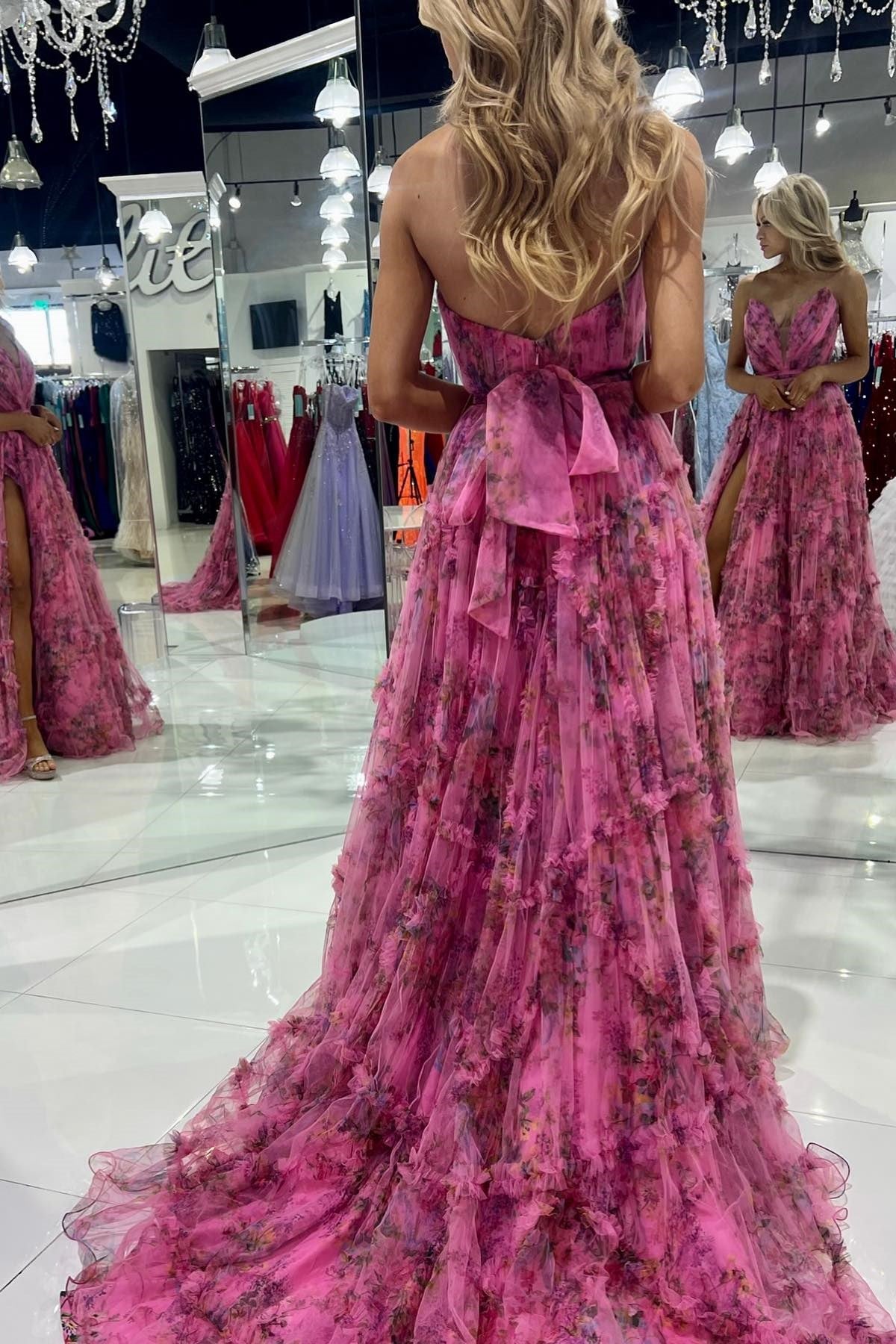 Bright Pink Print Strapless A-Line Long Dress with Slit