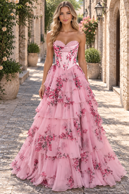 Pink Strapless A-Line Printing Tiered Chiffon Floral Long Prom Dress