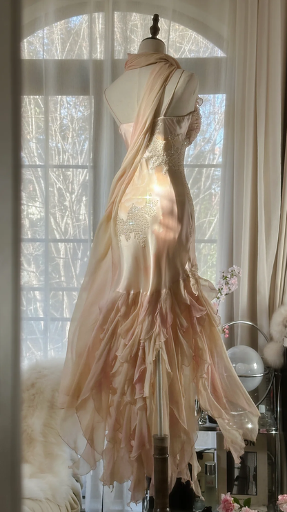 Vintage Mermaid Beaded Floral Design Romantic Chiffon Evening Dress Prom Dress HZ1024