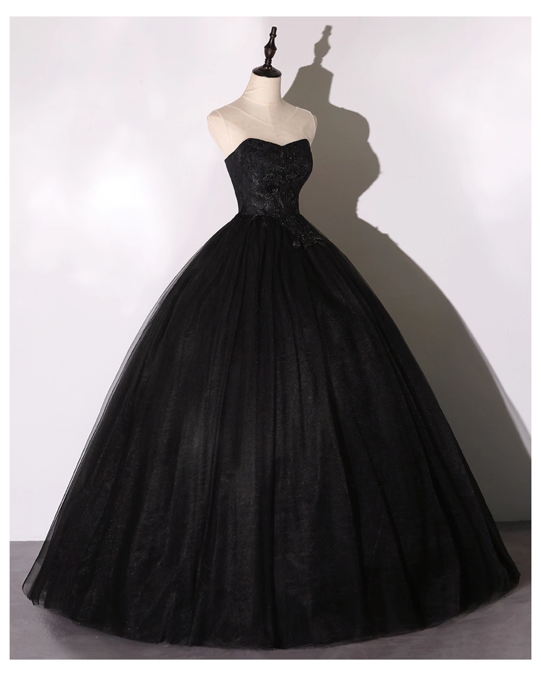 Vintage Black Applique A-Line Evening Gown Tulle Strapless Party Dress Long Formal Dress HZ1024