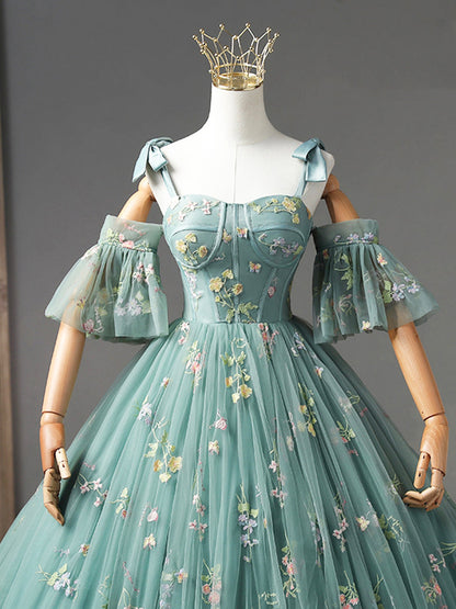 Green Floral Tulle Long Prom Dress Cute Off Shoulder Evening Party Dress Beautiful
